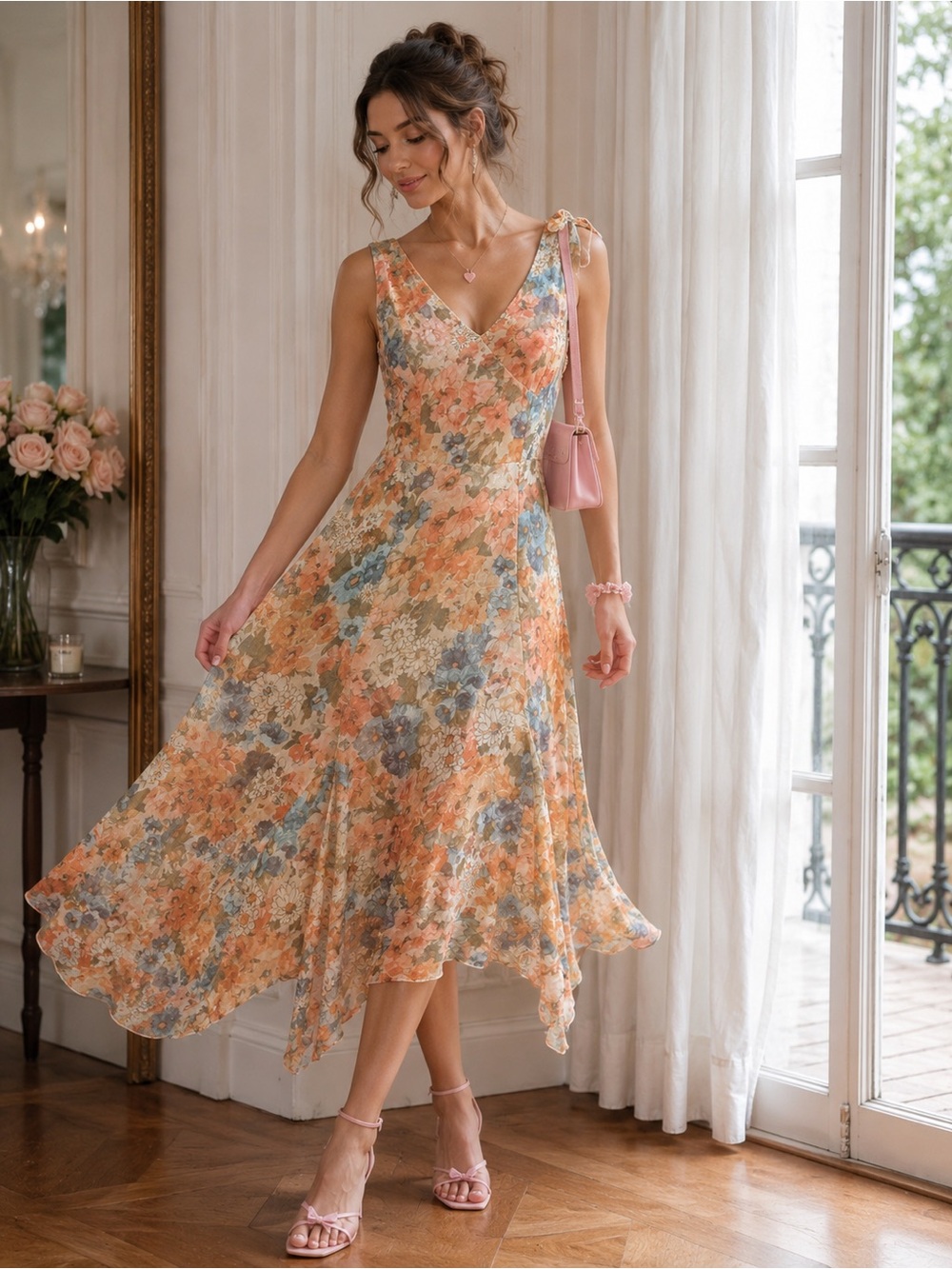 Vintage Marie Claire Floral Wedding Guest Midi Dress Size 5 Flowy Asymmetrical